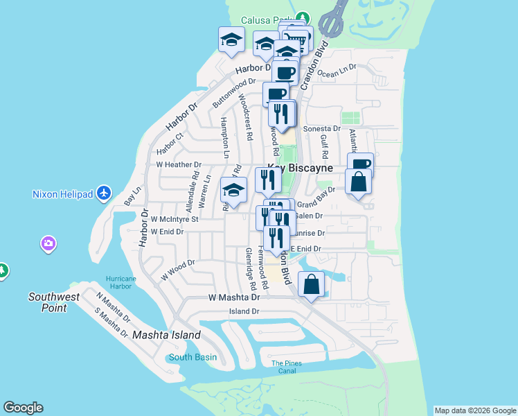 map of restaurants, bars, coffee shops, grocery stores, and more near 482 Glenridge Road in Key Biscayne