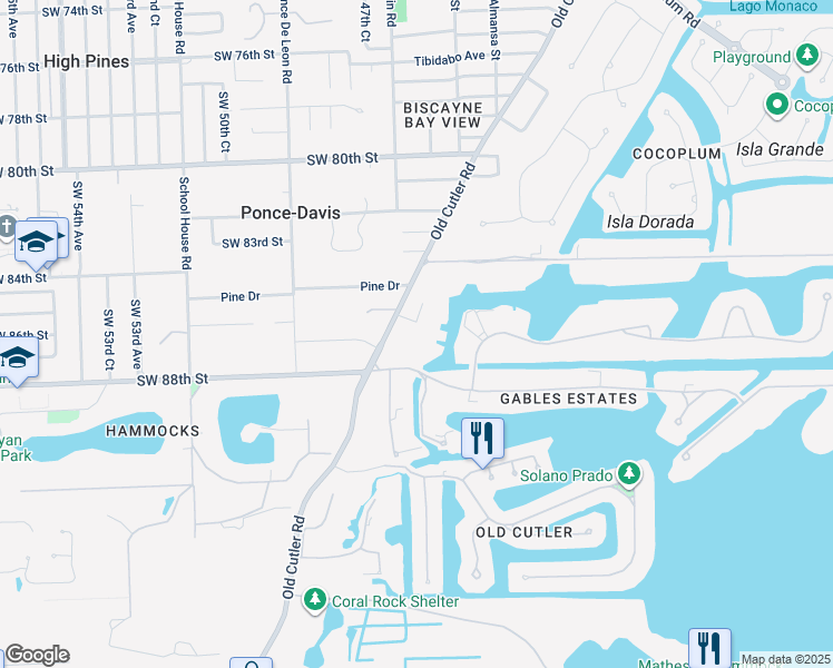 map of restaurants, bars, coffee shops, grocery stores, and more near 8565 Old Cutler Road in Coral Gables