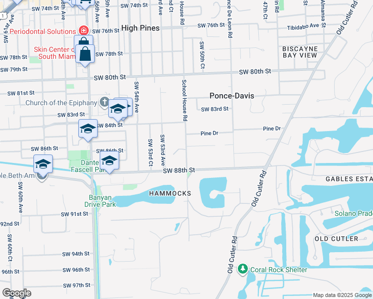 map of restaurants, bars, coffee shops, grocery stores, and more near 8536 School House Road in Miami