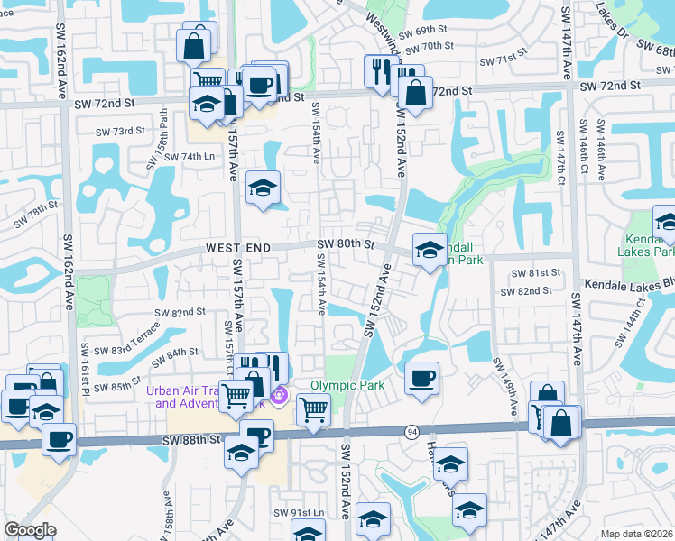 map of restaurants, bars, coffee shops, grocery stores, and more near 8016 Southwest 153rd Place in Miami