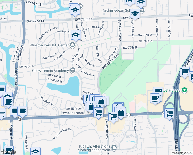 map of restaurants, bars, coffee shops, grocery stores, and more near 12911 Southwest 81st Street in Miami