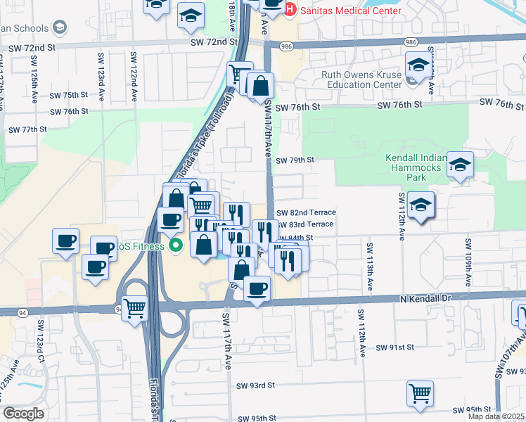 map of restaurants, bars, coffee shops, grocery stores, and more near 11620 Southwest 81st Terrace in Miami