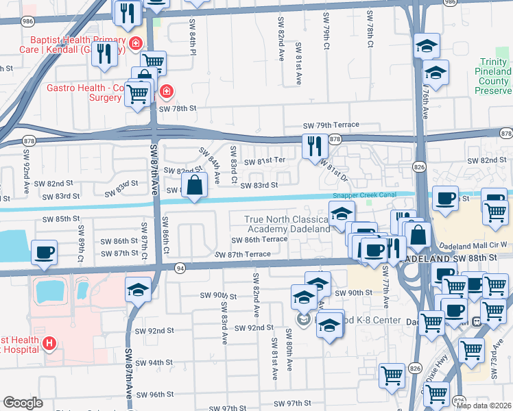 map of restaurants, bars, coffee shops, grocery stores, and more near 8230 Southwest 83rd Street in Miami
