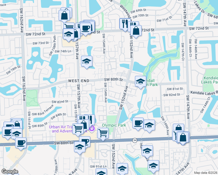 map of restaurants, bars, coffee shops, grocery stores, and more near 15340 Southwest 80th Lane in Miami