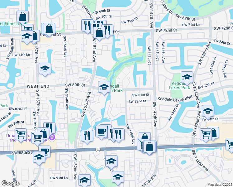 map of restaurants, bars, coffee shops, grocery stores, and more near 14975 Southwest 80th Street in Miami