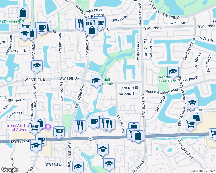 map of restaurants, bars, coffee shops, grocery stores, and more near 14975 Southwest 80th Street in Miami