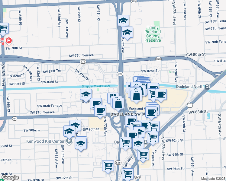 map of restaurants, bars, coffee shops, grocery stores, and more near SW 77th Ave in Miami