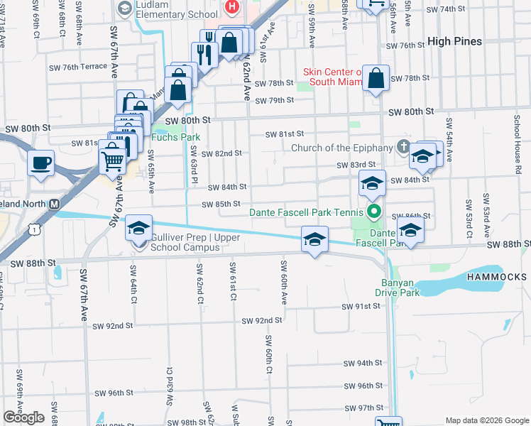 map of restaurants, bars, coffee shops, grocery stores, and more near 6090 Southwest 85th Street in Miami