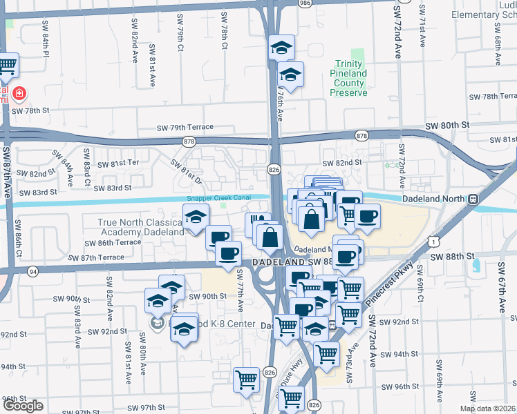 map of restaurants, bars, coffee shops, grocery stores, and more near SW 77th Ave in Miami