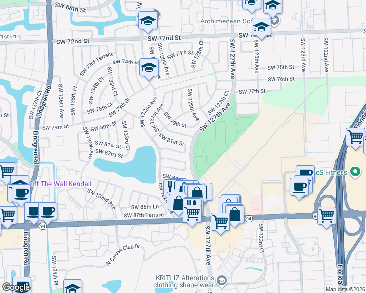 map of restaurants, bars, coffee shops, grocery stores, and more near 12911 Southwest 81st Street in Miami