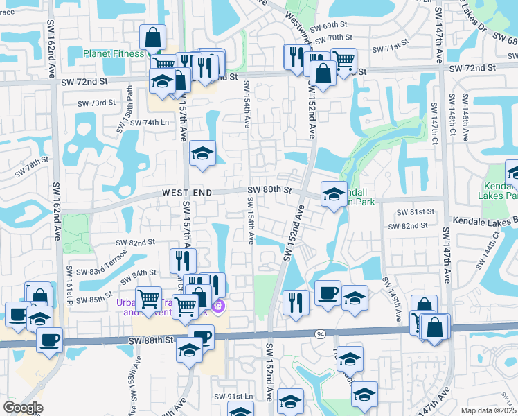 map of restaurants, bars, coffee shops, grocery stores, and more near 15340 Southwest 80th Lane in Miami