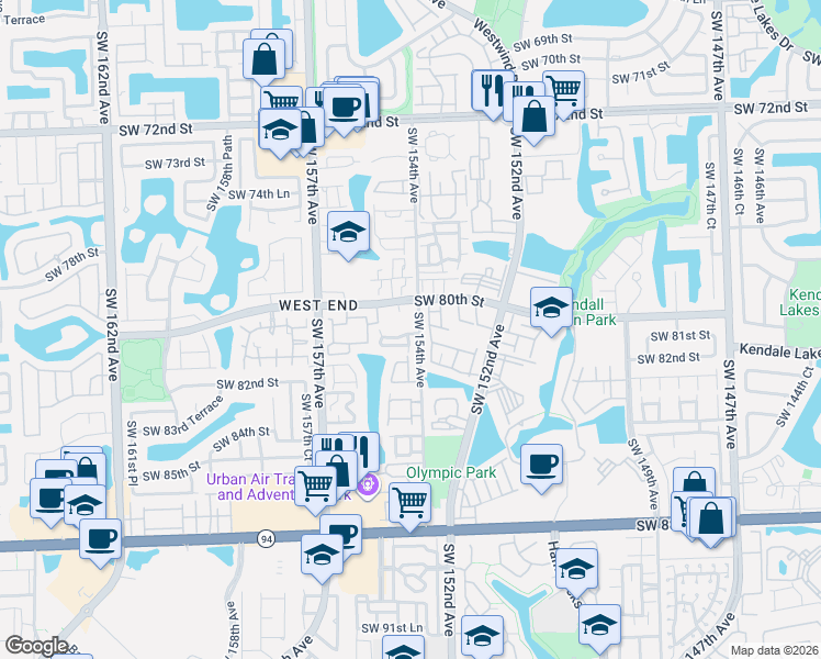 map of restaurants, bars, coffee shops, grocery stores, and more near 8016 Southwest 153rd Place in Miami