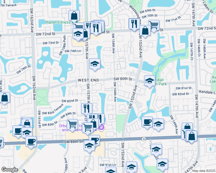 map of restaurants, bars, coffee shops, grocery stores, and more near 15492 Southwest 80th Street in Miami