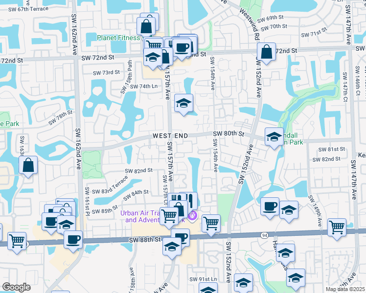 map of restaurants, bars, coffee shops, grocery stores, and more near 15640 Southwest 80th Street in Miami