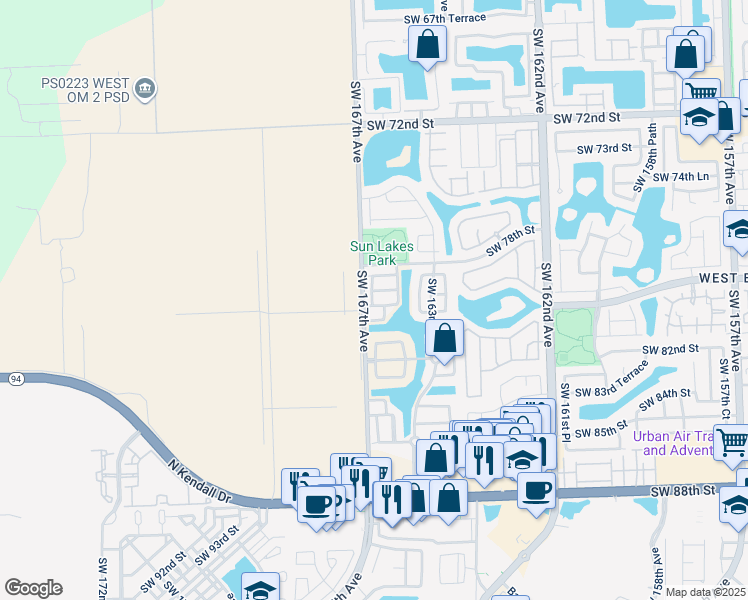 map of restaurants, bars, coffee shops, grocery stores, and more near 16634 Southwest 79th Terrace in Miami