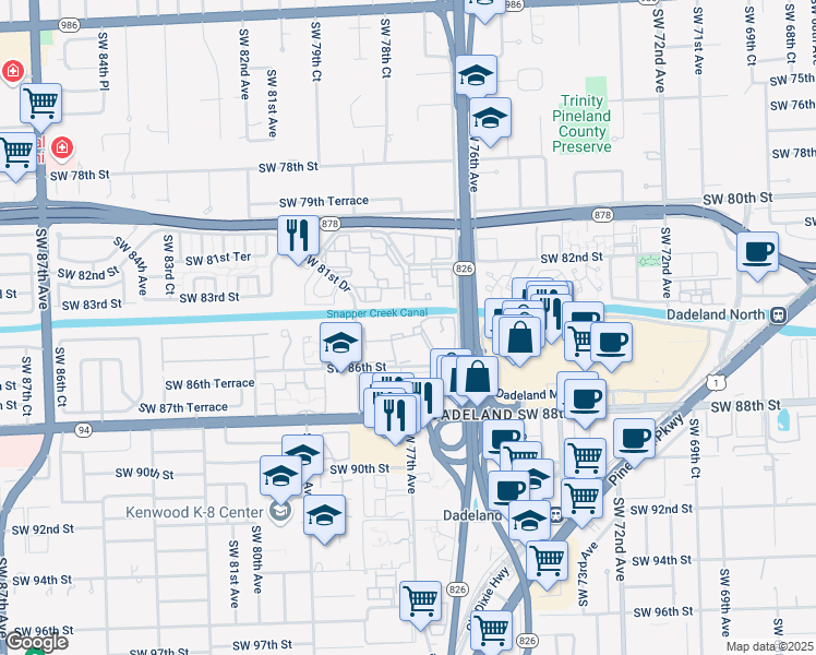 map of restaurants, bars, coffee shops, grocery stores, and more near 7755 Southwest 86th Street in Miami