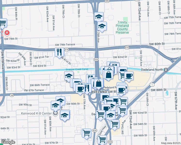 map of restaurants, bars, coffee shops, grocery stores, and more near 7725 Southwest 86th Street in Miami