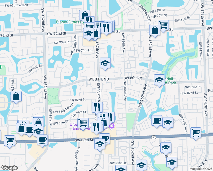 map of restaurants, bars, coffee shops, grocery stores, and more near 15640 Southwest 80th Street in Miami