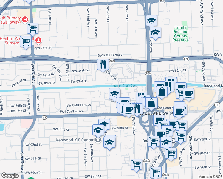 map of restaurants, bars, coffee shops, grocery stores, and more near 7925 Southwest 79th Avenue in Miami