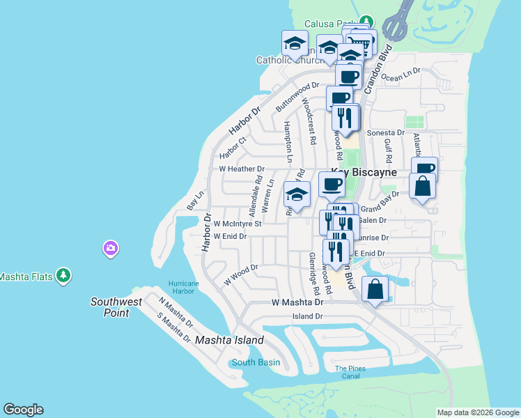 map of restaurants, bars, coffee shops, grocery stores, and more near 482 Warren Lane in Key Biscayne