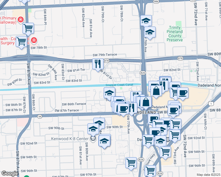 map of restaurants, bars, coffee shops, grocery stores, and more near 7925 Southwest 79th Avenue in Miami