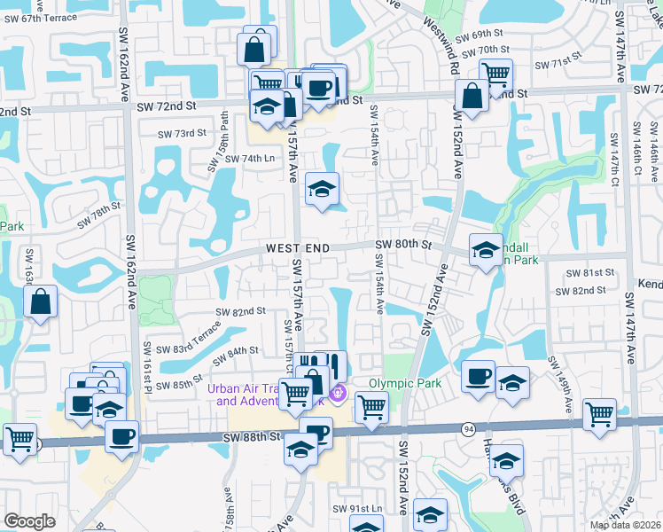 map of restaurants, bars, coffee shops, grocery stores, and more near 15600 Southwest 80th Street in Miami