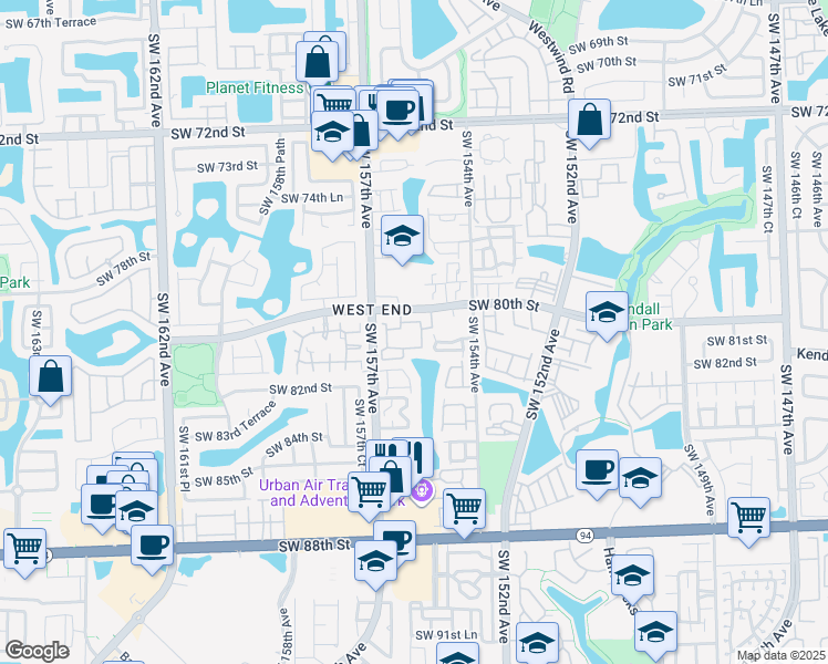 map of restaurants, bars, coffee shops, grocery stores, and more near 15640 Southwest 80th Street in Miami