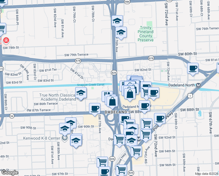 map of restaurants, bars, coffee shops, grocery stores, and more near SW 77th Ave in Miami