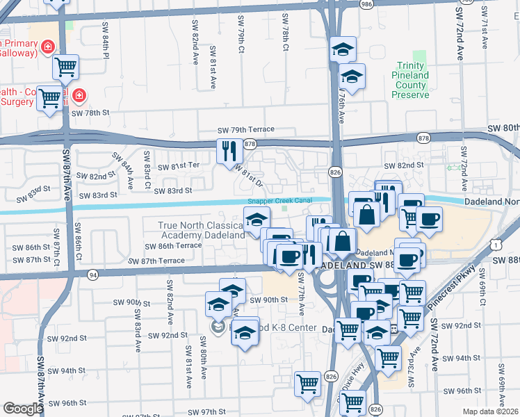 map of restaurants, bars, coffee shops, grocery stores, and more near 7925 Southwest 79th Avenue in Miami