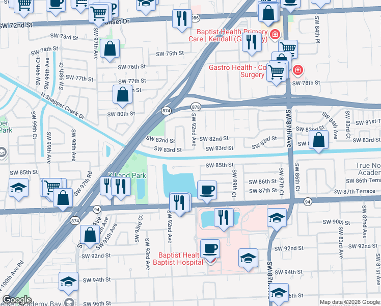 map of restaurants, bars, coffee shops, grocery stores, and more near 8251 Southwest 92nd Avenue in Miami