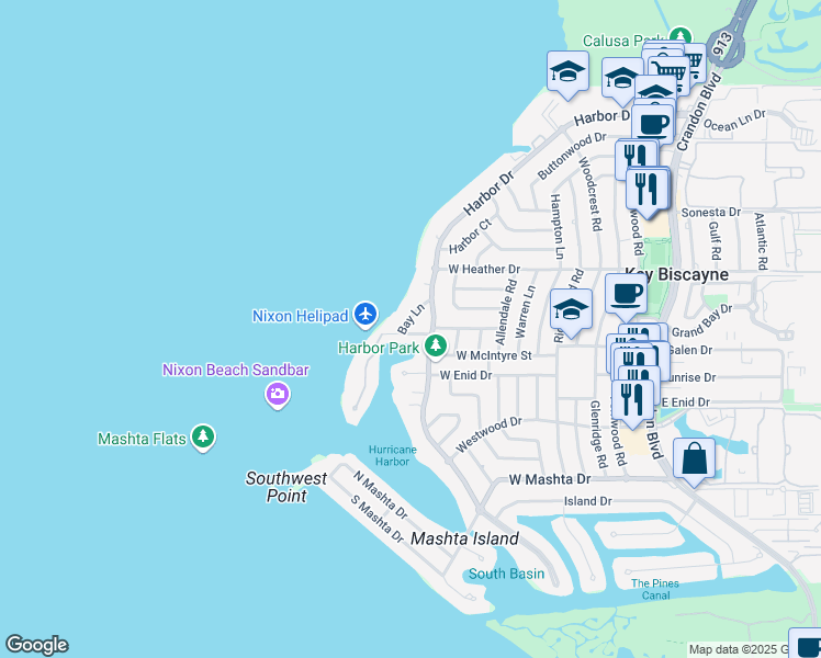 map of restaurants, bars, coffee shops, grocery stores, and more near 527 Bay Lane in Key Biscayne