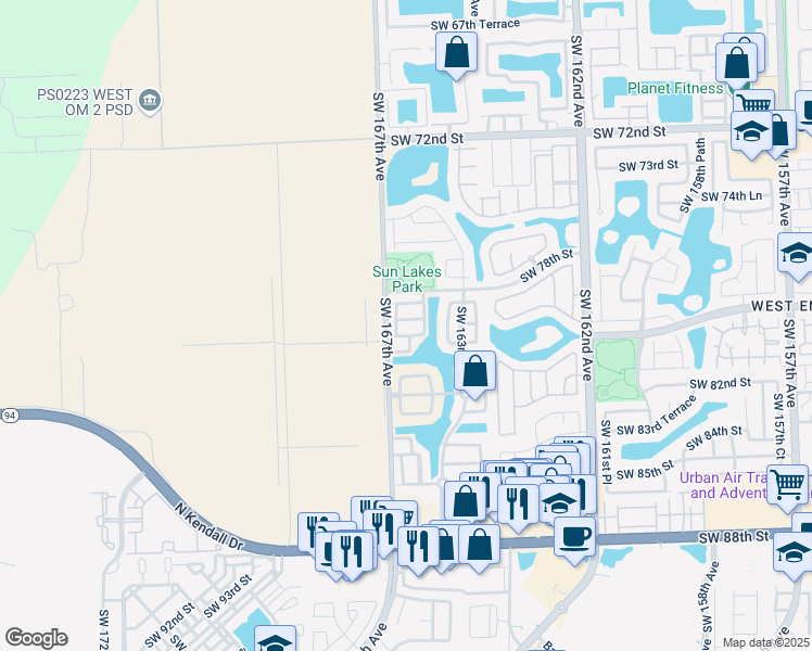 map of restaurants, bars, coffee shops, grocery stores, and more near 16634 Southwest 79th Terrace in Miami