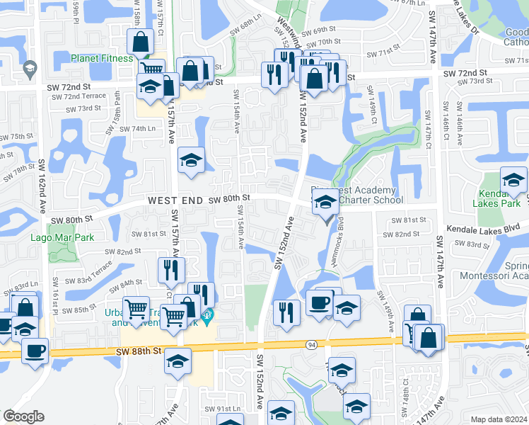 map of restaurants, bars, coffee shops, grocery stores, and more near 15260 Southwest 80th Street in Miami