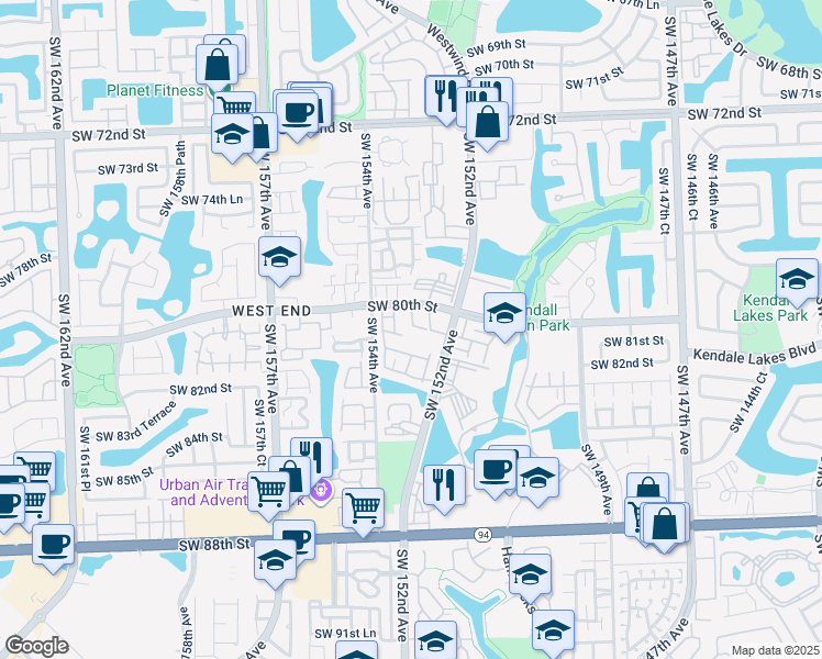 map of restaurants, bars, coffee shops, grocery stores, and more near 15260 Southwest 80th Street in Miami