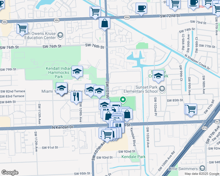 map of restaurants, bars, coffee shops, grocery stores, and more near 8255 Southwest 107th Avenue in Miami