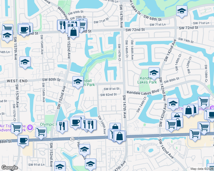 map of restaurants, bars, coffee shops, grocery stores, and more near 14820 Southwest 80th Street in Miami