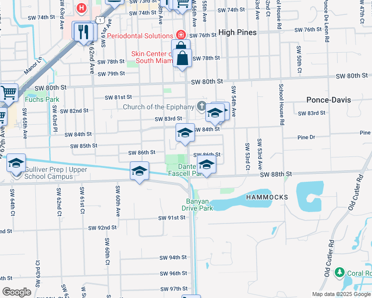 map of restaurants, bars, coffee shops, grocery stores, and more near 8530 Southwest 57th Avenue in South Miami