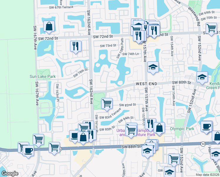 map of restaurants, bars, coffee shops, grocery stores, and more near 15860 Southwest 79th Terrace in Miami