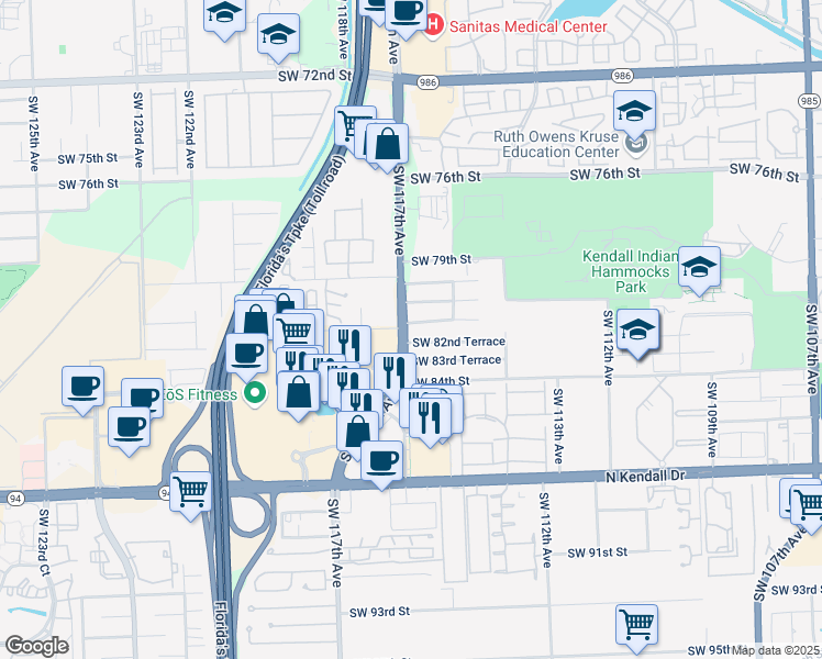 map of restaurants, bars, coffee shops, grocery stores, and more near 11620 Southwest 81st Terrace in Miami
