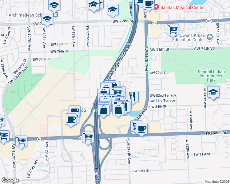 map of restaurants, bars, coffee shops, grocery stores, and more near 11916 Southwest 81st Lane in Miami