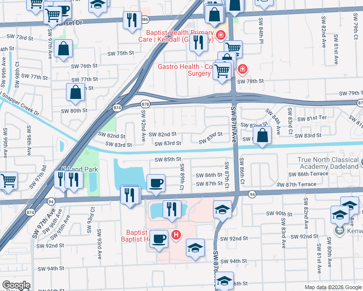 map of restaurants, bars, coffee shops, grocery stores, and more near 8930 Southwest 83rd Street in Miami
