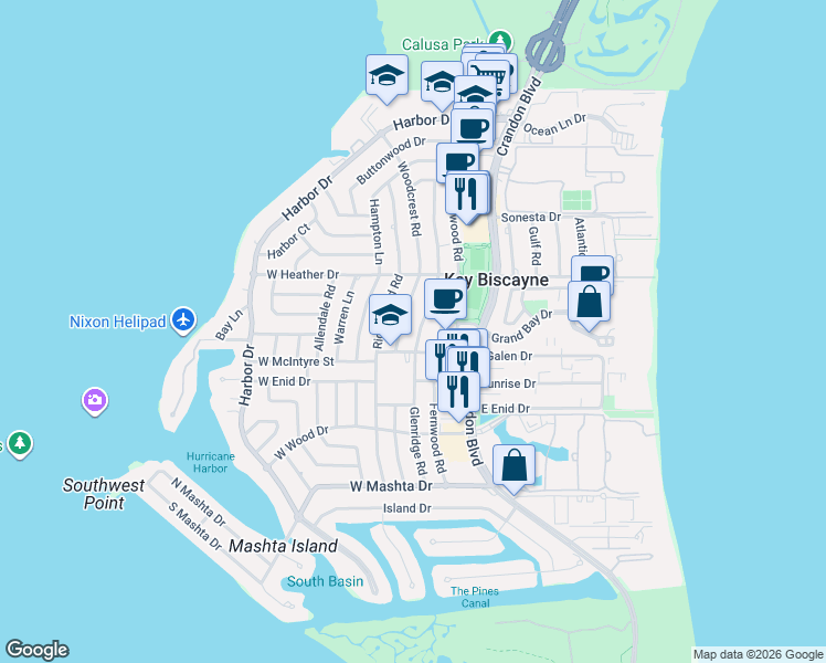 map of restaurants, bars, coffee shops, grocery stores, and more near 482 Glenridge Road in Key Biscayne