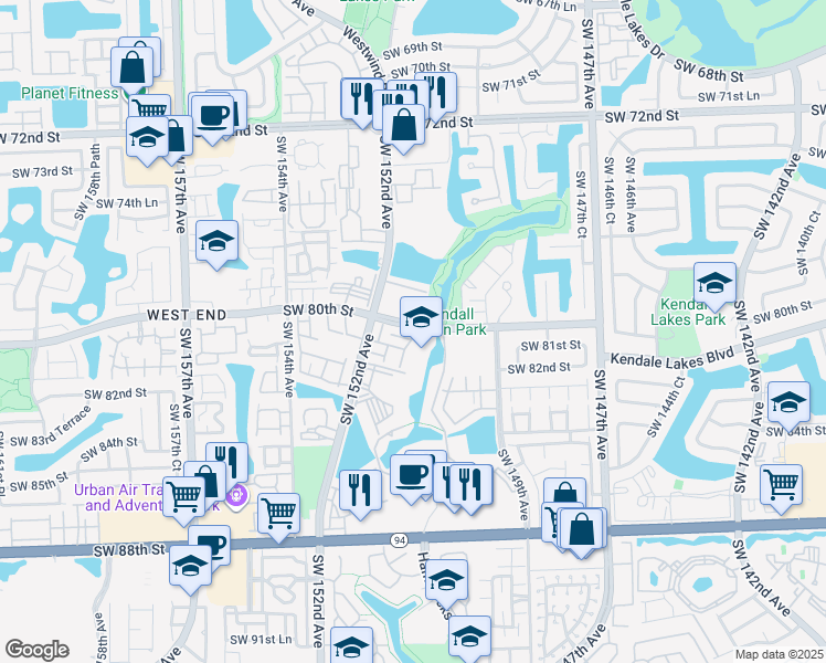 map of restaurants, bars, coffee shops, grocery stores, and more near 1018 Southwest 150th Avenue in Miami