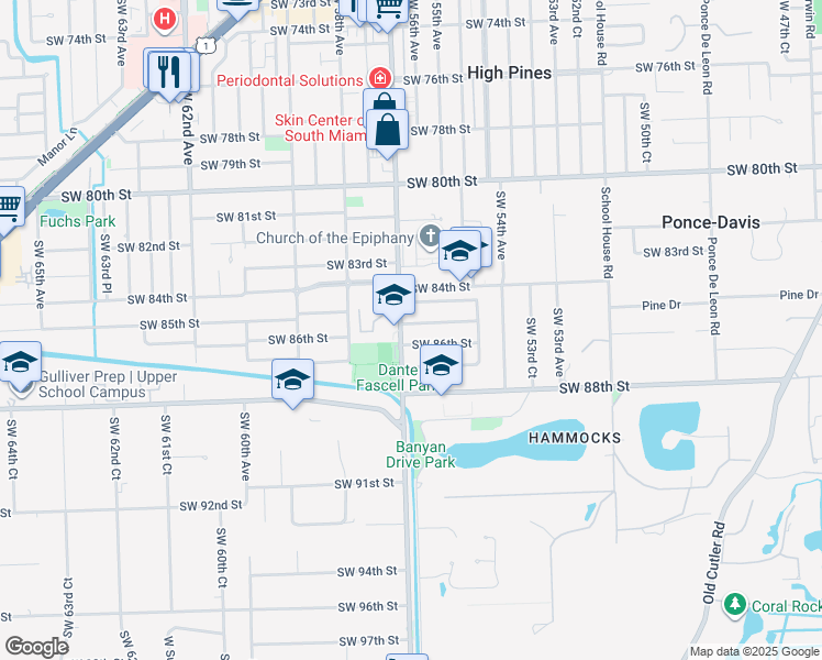 map of restaurants, bars, coffee shops, grocery stores, and more near 5680 Southwest 85th Street in Miami