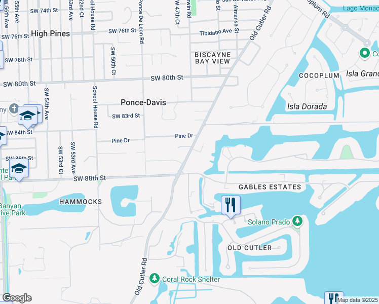 map of restaurants, bars, coffee shops, grocery stores, and more near 8550 Old Cutler Road in Coral Gables
