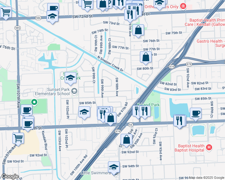 map of restaurants, bars, coffee shops, grocery stores, and more near 9805 Southwest 83rd Street in Miami
