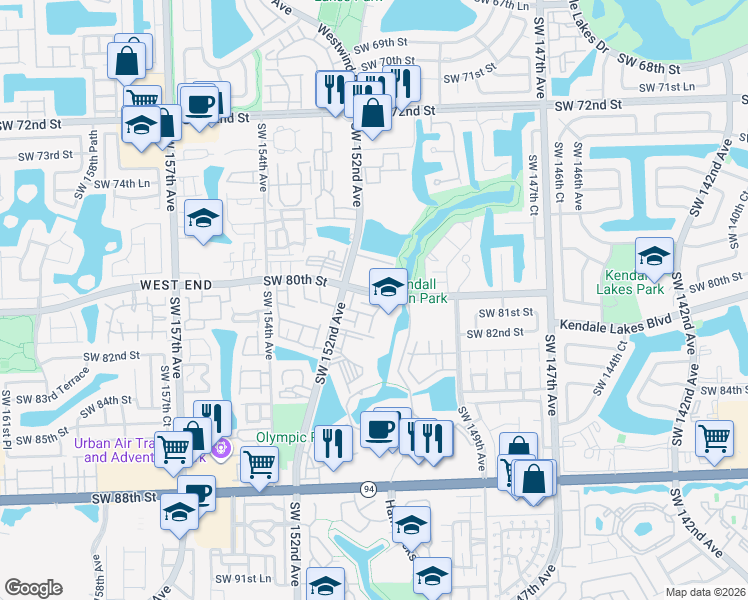 map of restaurants, bars, coffee shops, grocery stores, and more near 1018 Southwest 150th Avenue in Miami