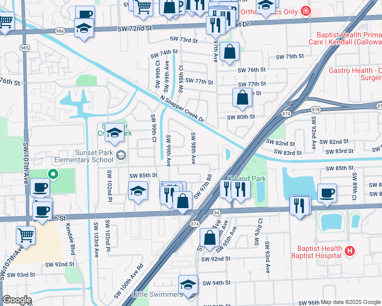 map of restaurants, bars, coffee shops, grocery stores, and more near 9805 Southwest 83rd Street in Miami