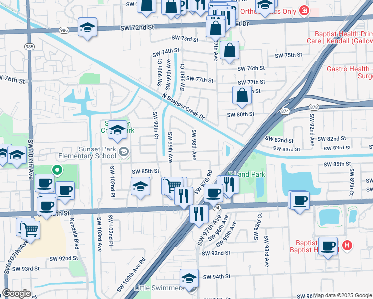 map of restaurants, bars, coffee shops, grocery stores, and more near 9805 Southwest 83rd Street in Miami