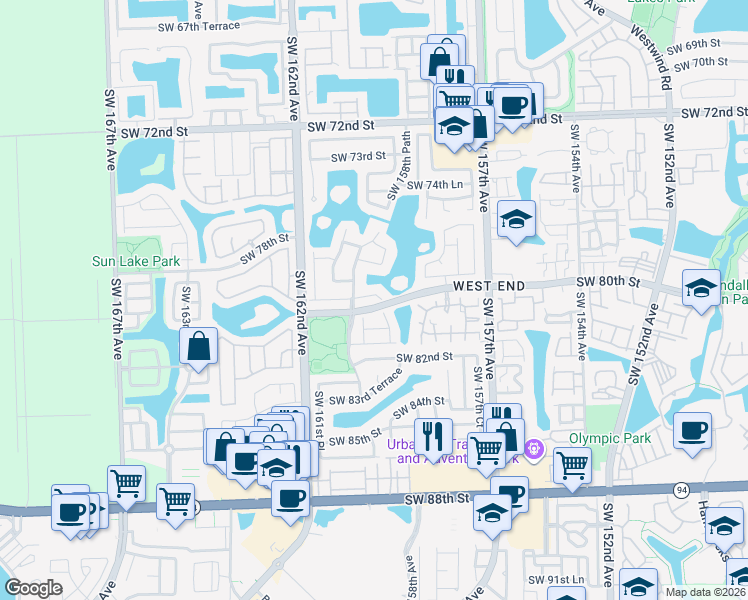map of restaurants, bars, coffee shops, grocery stores, and more near 15860 Southwest 79th Terrace in Miami